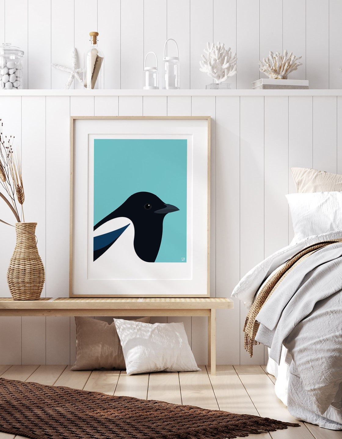 A minimalist art print featuring a Magpie, showcasing its elegant form and striking colors against a neutral background.