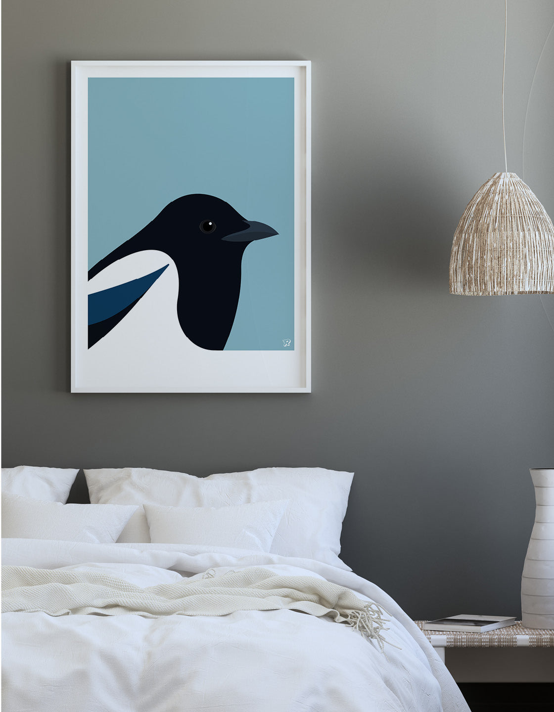 A minimalist art print featuring a Magpie, showcasing its elegant form and striking colors against a neutral background.