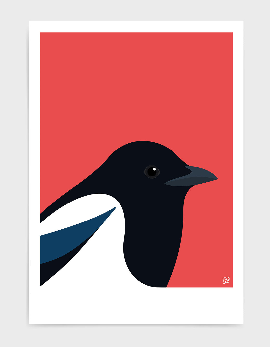 A minimalist art print featuring a Magpie, showcasing its elegant form and striking colors against a neutral background.