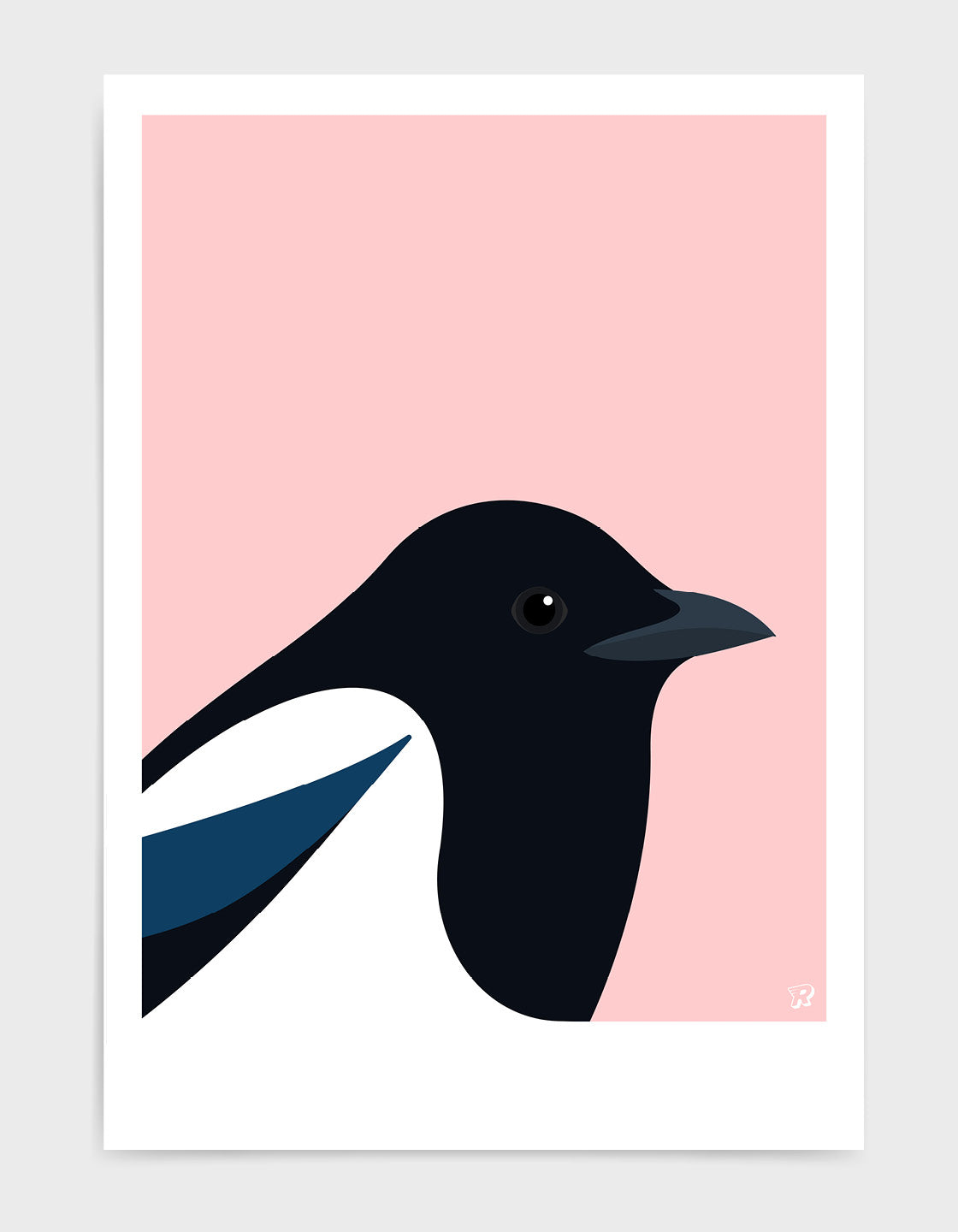 A minimalist art print featuring a Magpie, showcasing its elegant form and striking colors against a neutral background.