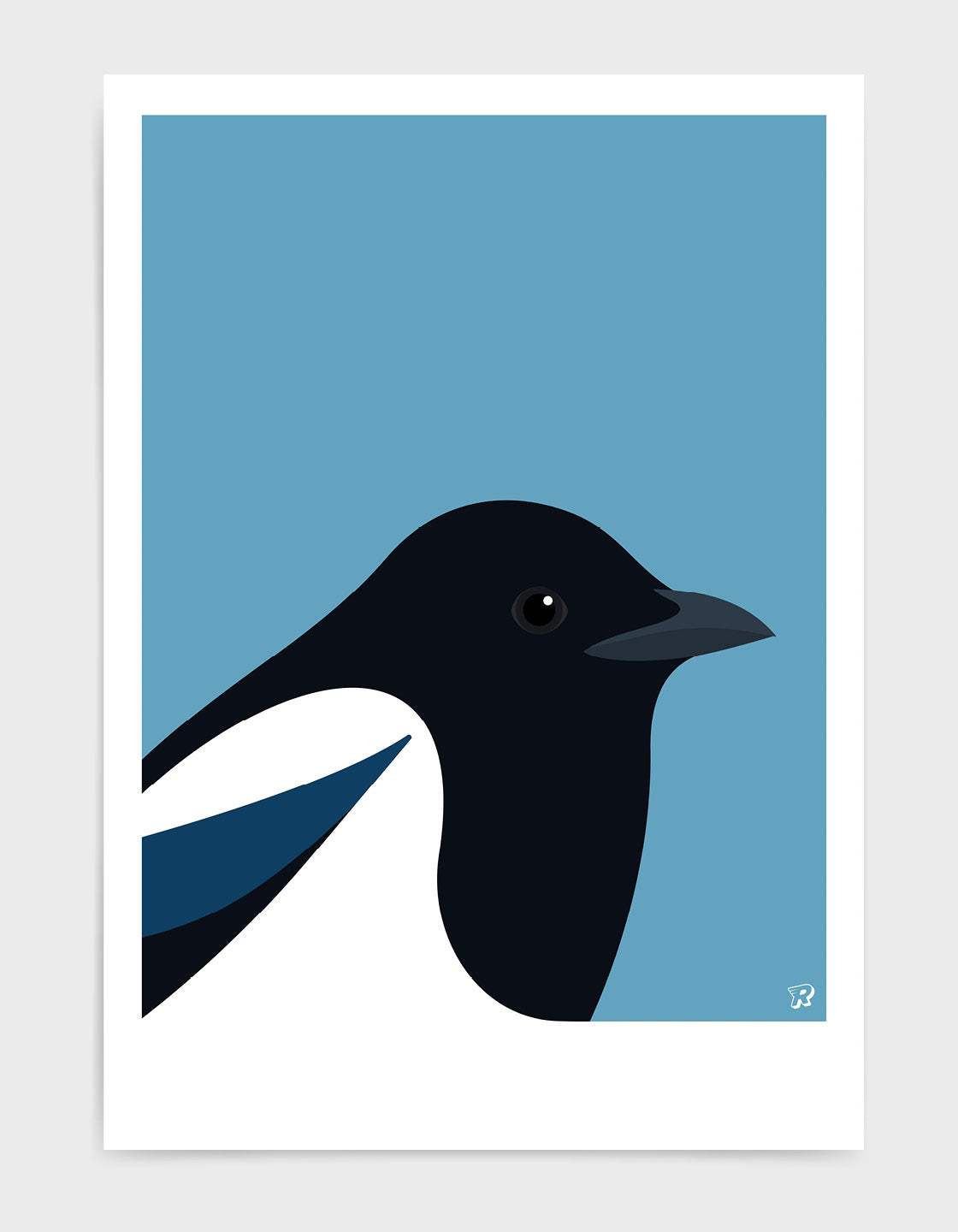 A minimalist art print featuring a Magpie, showcasing its elegant form and striking colors against a neutral background.