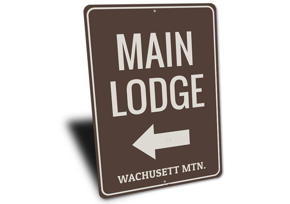 Main Lodge Arrow Sign made of high-quality aluminum, featuring a rustic design perfect for ski enthusiasts.