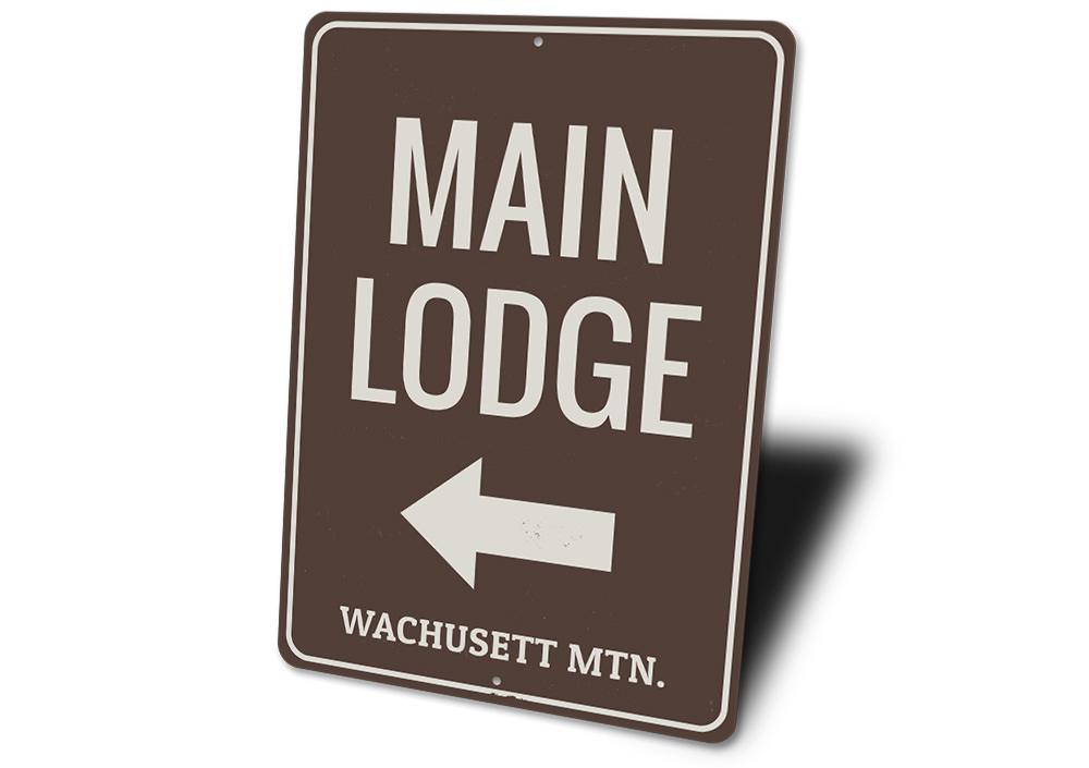 Main Lodge Arrow Sign made of high-quality aluminum, featuring a rustic design perfect for ski enthusiasts.