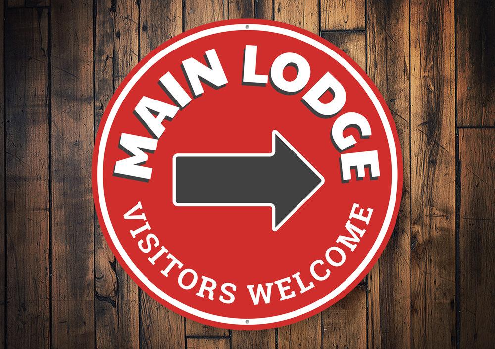 Customizable Main Lodge Sign made of high-quality aluminum, featuring a ski theme, perfect for home decor.