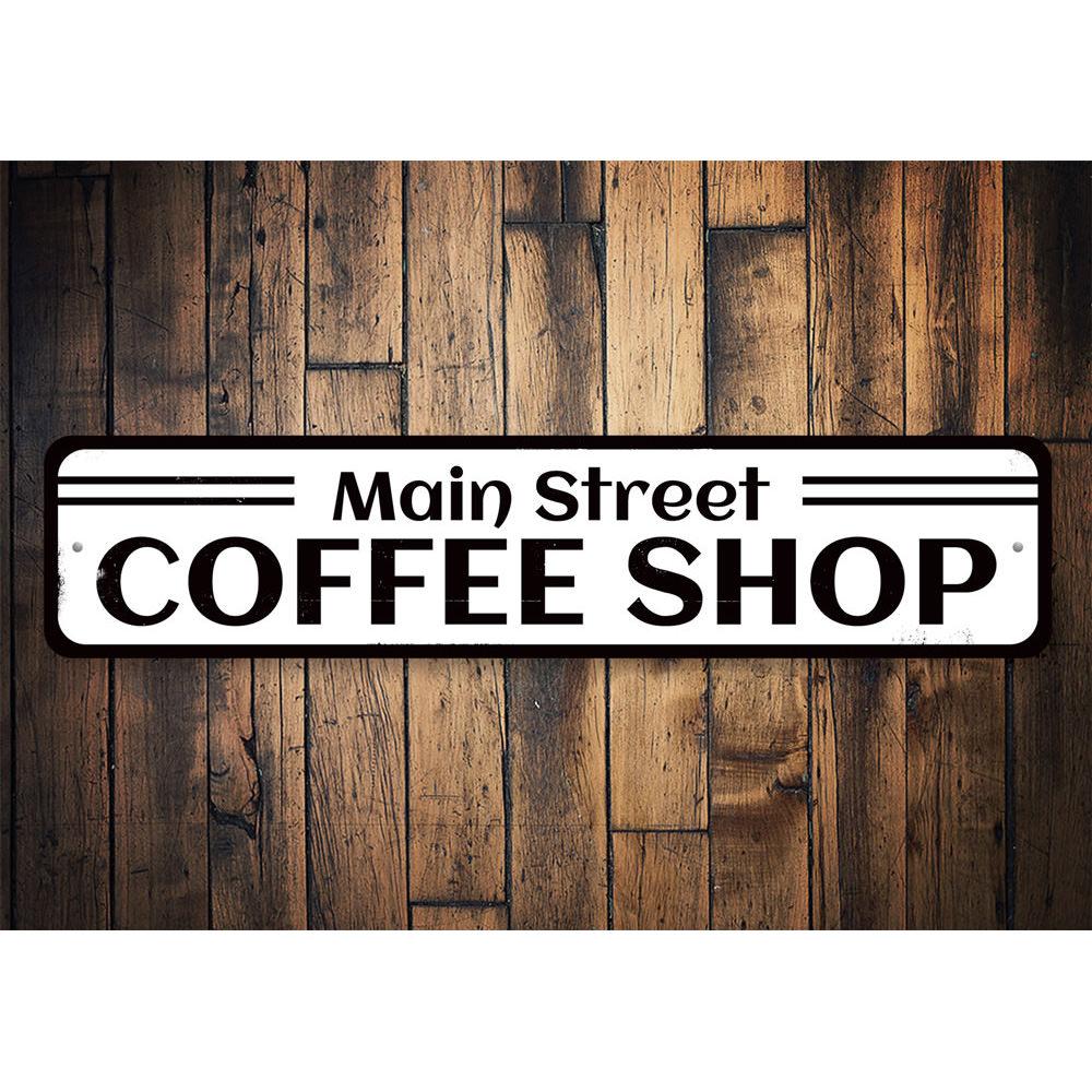 Main Street Coffee Shop Sign made of high-quality aluminum, featuring customizable text and pre-drilled holes for easy mounting.