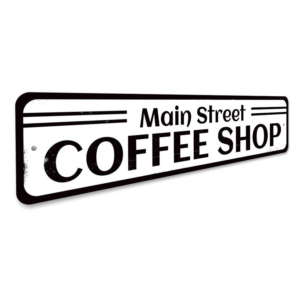 Main Street Coffee Shop Sign made of high-quality aluminum, featuring customizable text and pre-drilled holes for easy mounting.