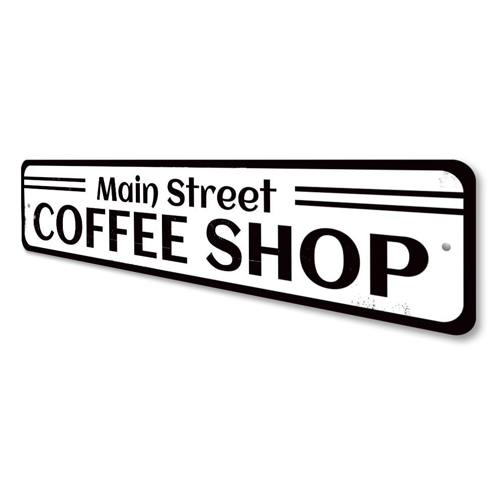 Main Street Coffee Shop Sign made of high-quality aluminum, featuring customizable text and pre-drilled holes for easy mounting.