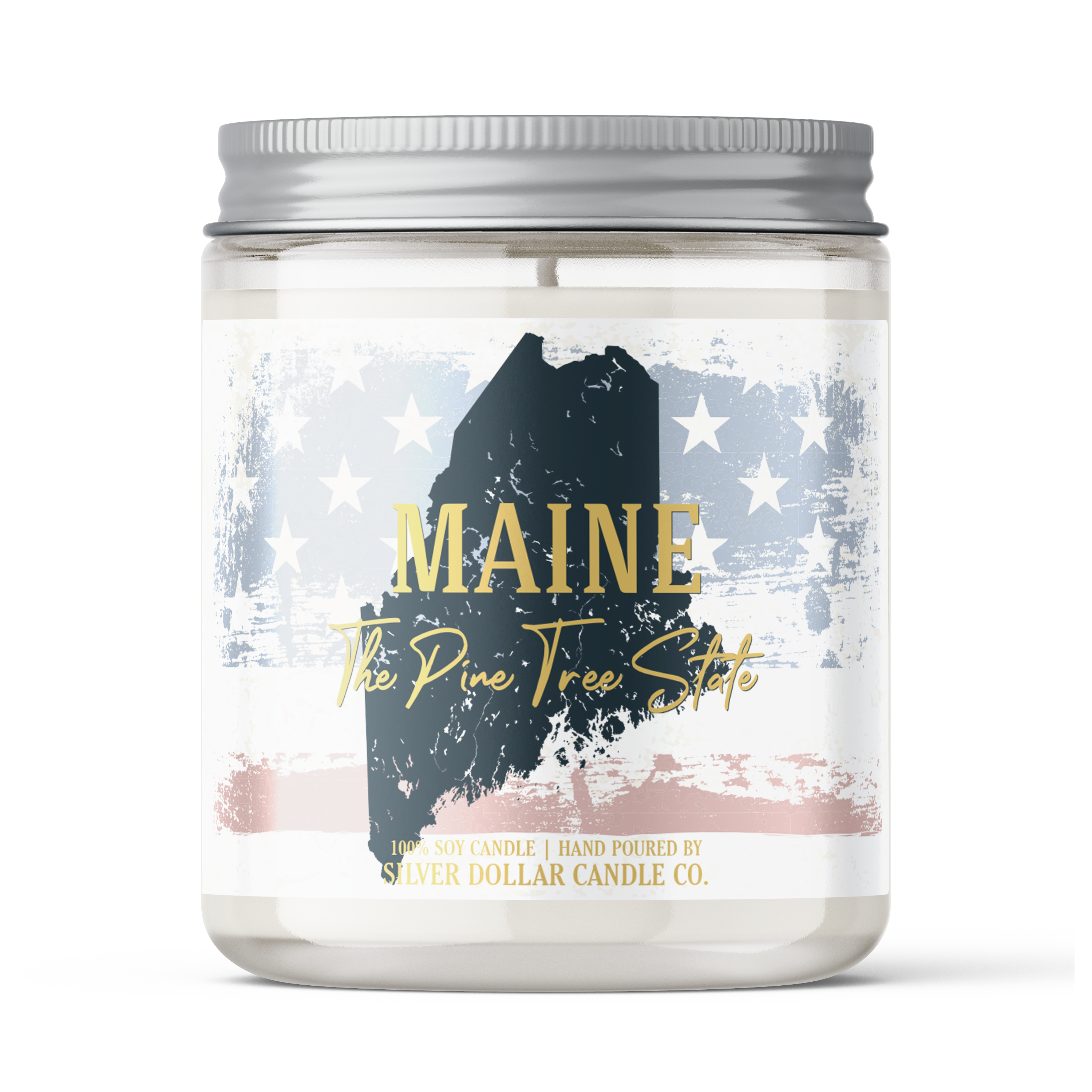 Maine State Candle in a decorative box, showcasing its 100% pure soy wax and personalized lid option, perfect for gifts.