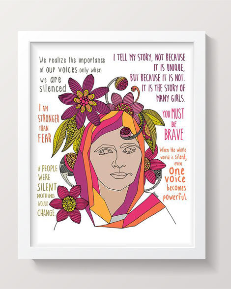 Art print featuring an illustration of Malala Yousafzai, the youngest Nobel Prize laureate, with vibrant colors and intricate details.