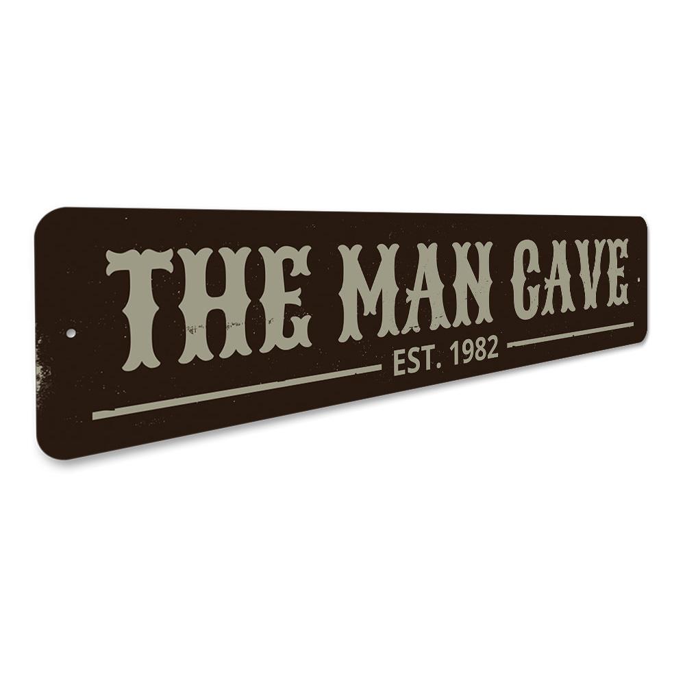 Customizable Man Cave Established Date Sign made of high-quality aluminum, featuring pre-drilled holes for easy mounting.