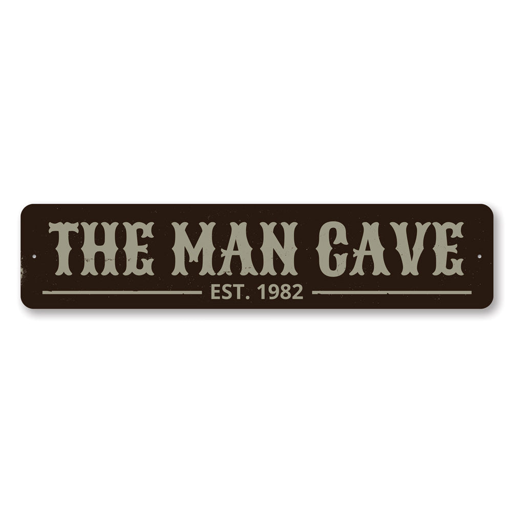 Customizable Man Cave Established Date Sign made of high-quality aluminum, featuring pre-drilled holes for easy mounting.