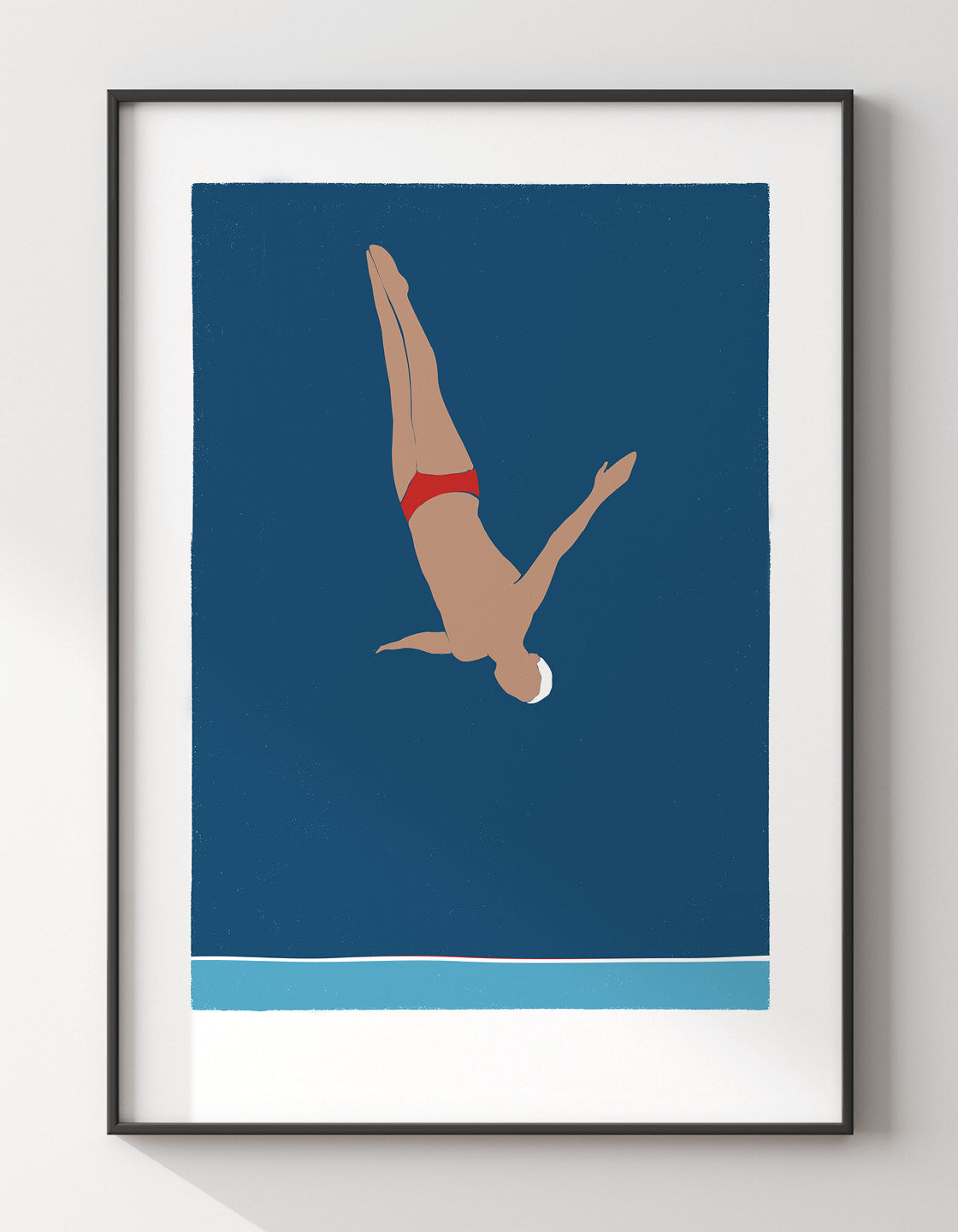 A minimalist art print featuring a man diving into the ocean, perfect for coastal decor.