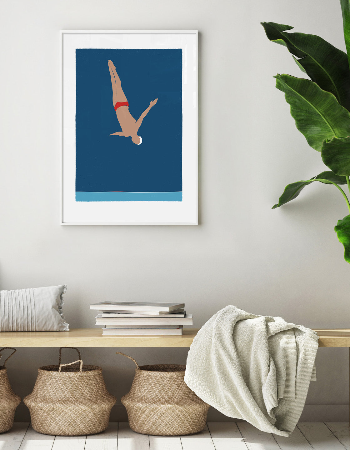 A minimalist art print featuring a man diving into the ocean, perfect for coastal decor.