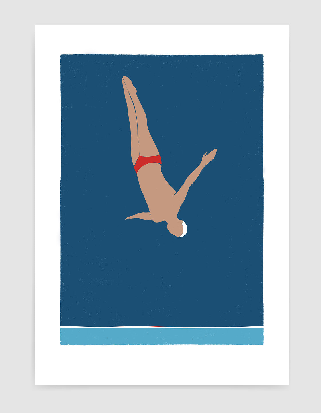 A minimalist art print featuring a man diving into the ocean, perfect for coastal decor.