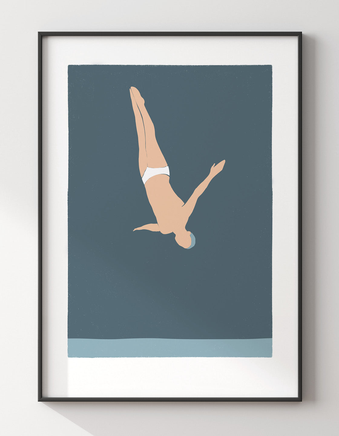 A minimalist art print featuring a man diving into the ocean, perfect for coastal decor.