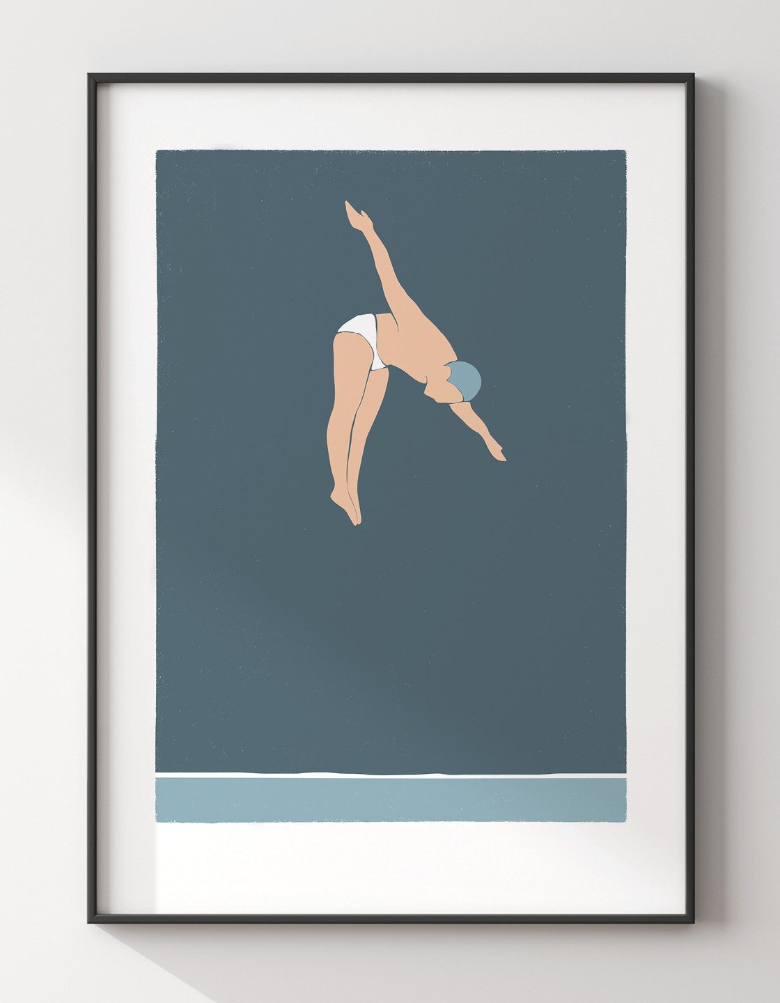 A minimalist art print featuring a man diving into the ocean, showcasing vibrant colors and elegant design.