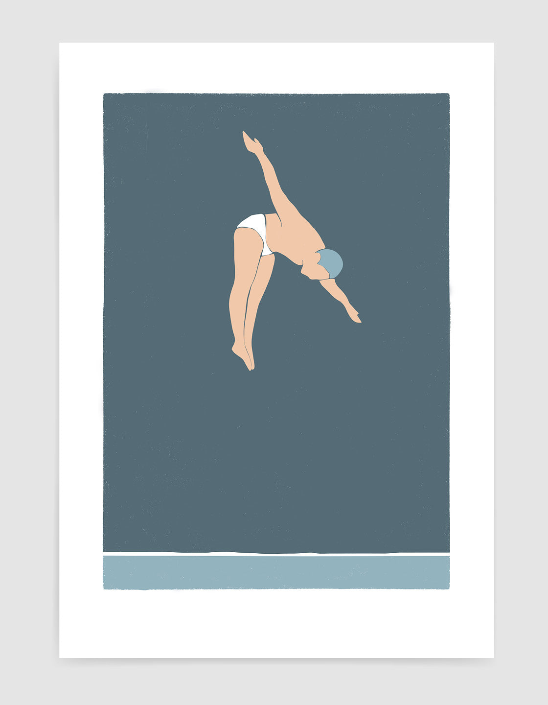 A minimalist art print featuring a man diving into the ocean, showcasing vibrant colors and elegant design.