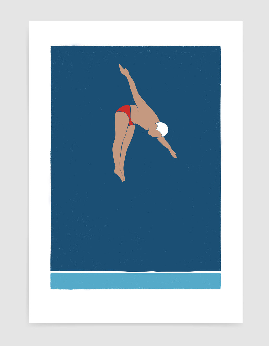 A minimalist art print featuring a man diving into the ocean, showcasing vibrant colors and elegant design.