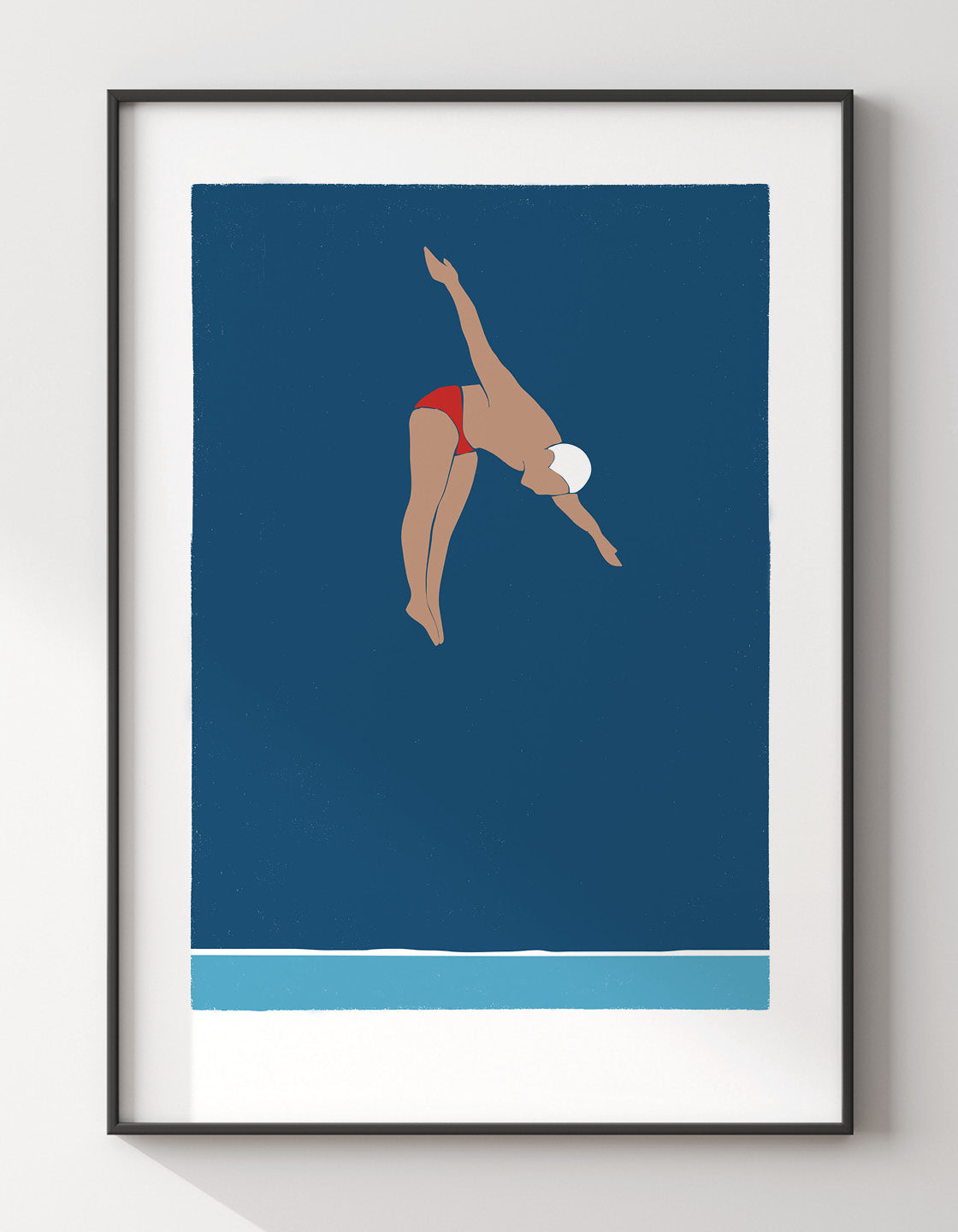 A minimalist art print featuring a man diving into the ocean, showcasing vibrant colors and elegant design.