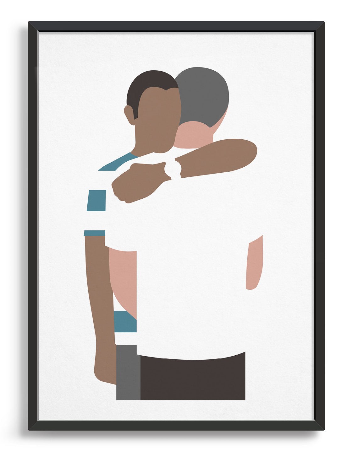 A minimalistic print of a hugging couple, available in white or yellow, symbolizing love and connection.