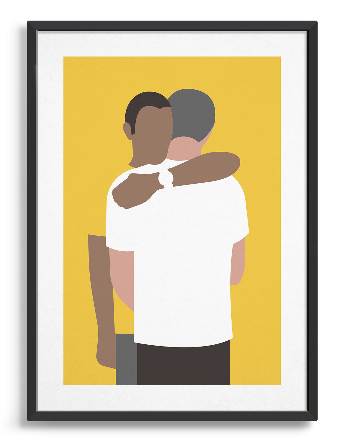 A minimalistic print of a hugging couple, available in white or yellow, symbolizing love and connection.