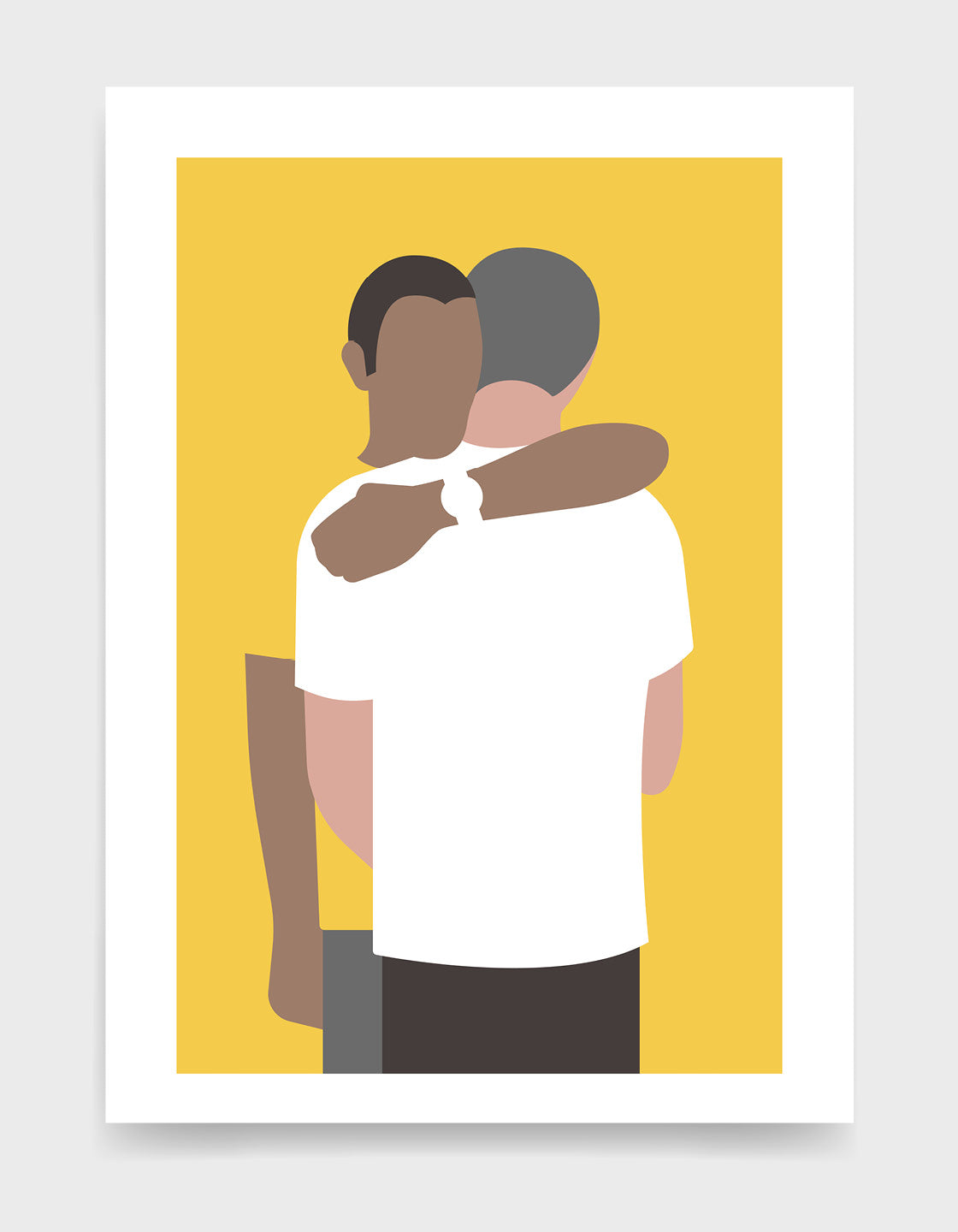 A minimalistic print of a hugging couple, available in white or yellow, symbolizing love and connection.