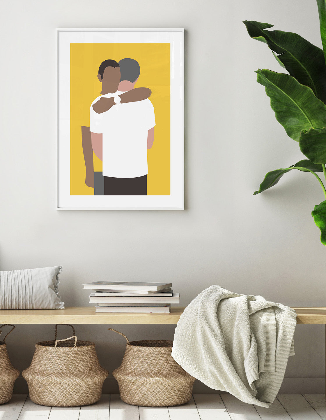 A minimalistic print of a hugging couple, available in white or yellow, symbolizing love and connection.