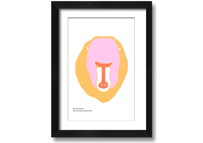 A vibrant framed print of a mandrill's face, showcasing its colorful features, ready to hang.