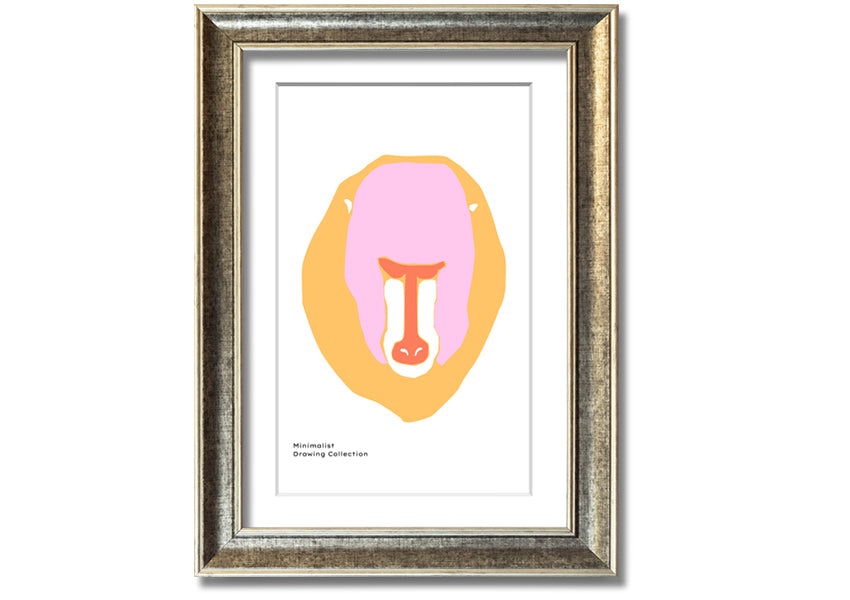 A vibrant framed print of a mandrill's face, showcasing its colorful features, ready to hang.