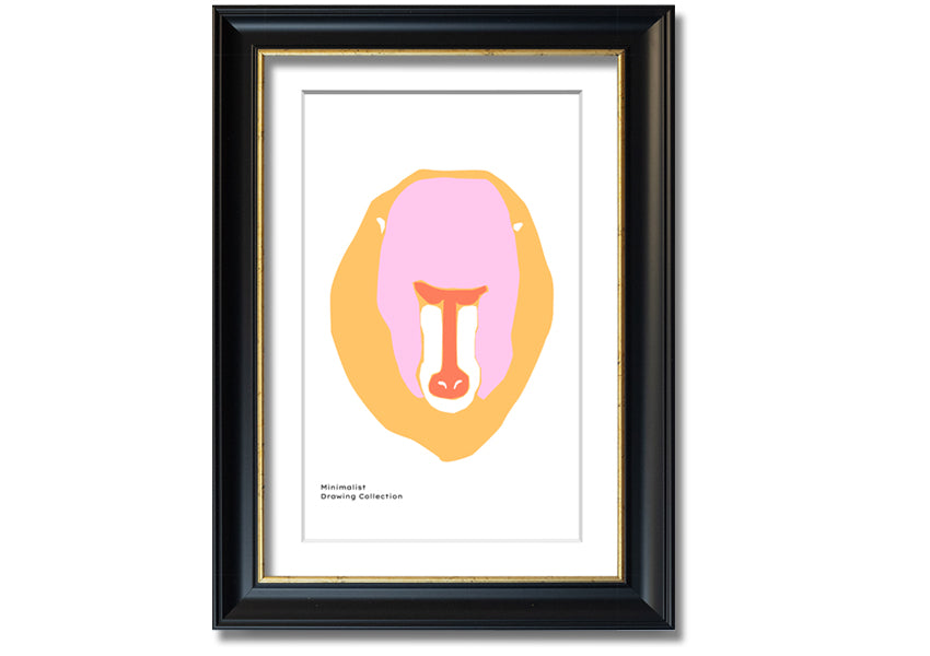 A vibrant framed print of a mandrill's face, showcasing its colorful features, ready to hang.