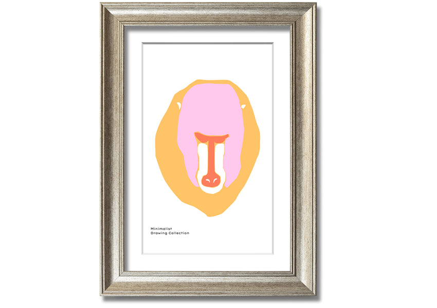 A vibrant framed print of a mandrill's face, showcasing its colorful features, ready to hang.