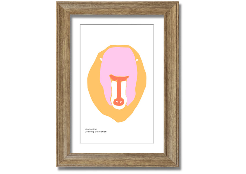 A vibrant framed print of a mandrill's face, showcasing its colorful features, ready to hang.