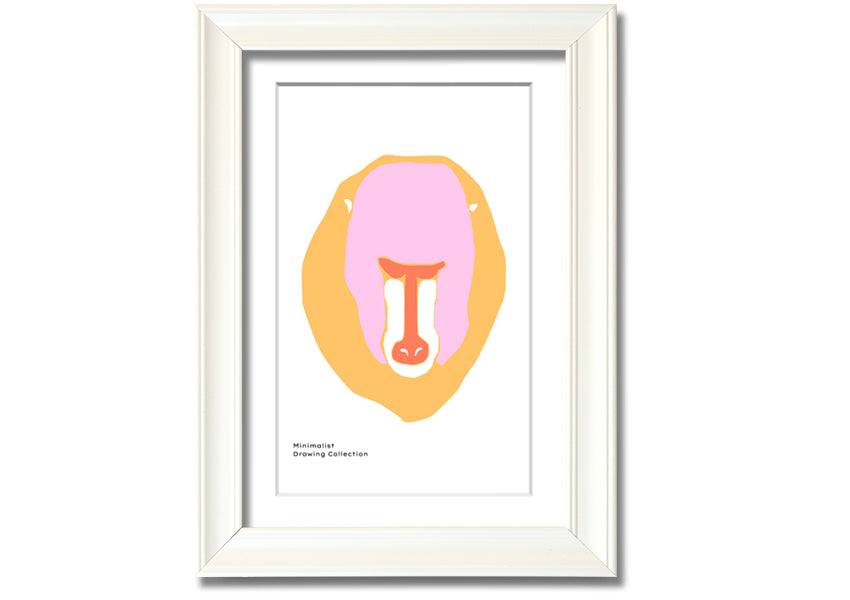 A vibrant framed print of a mandrill's face, showcasing its colorful features, ready to hang.