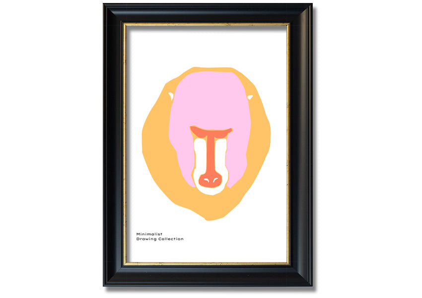 A vibrant framed print of a mandrill's face, showcasing its colorful features, ready to hang.