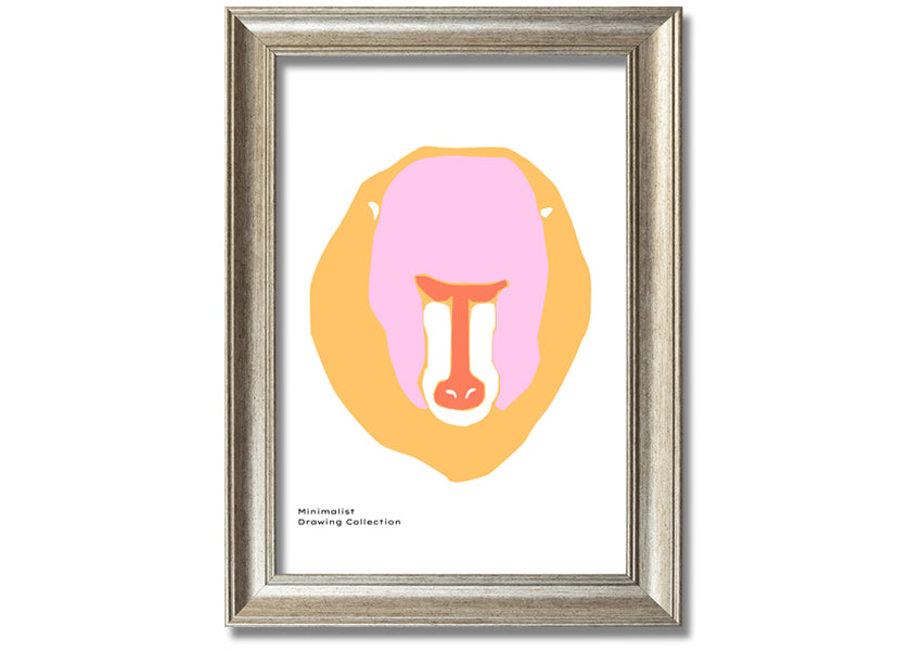 A vibrant framed print of a mandrill's face, showcasing its colorful features, ready to hang.