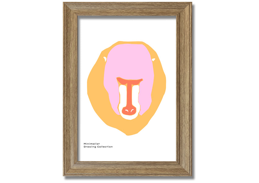 A vibrant framed print of a mandrill's face, showcasing its colorful features, ready to hang.