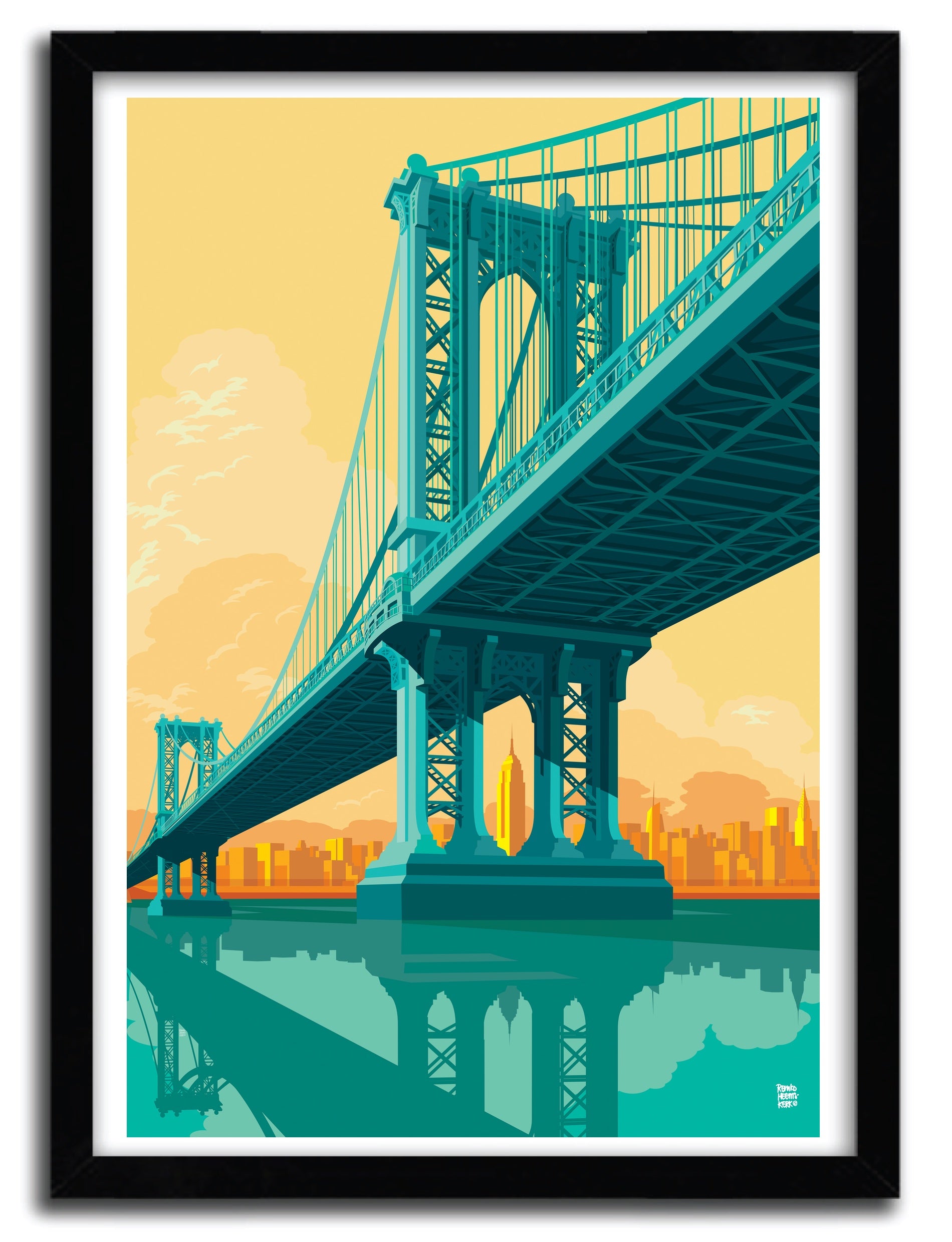 Art print of the Manhattan Bridge York by Remko Heemskerk, showcasing vibrant colors and fine details on high-quality paper.