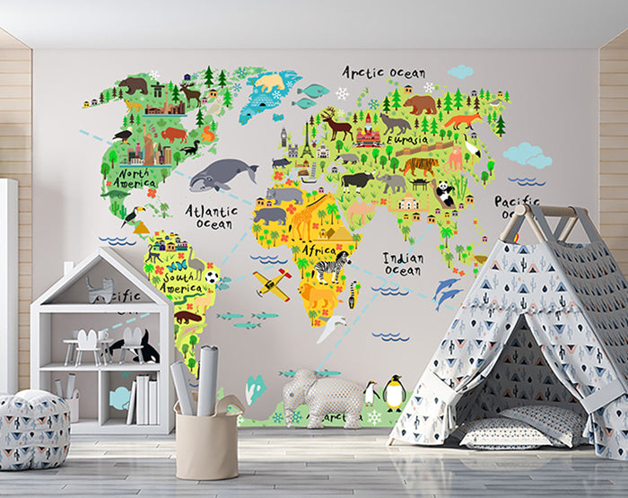 Colorful map wall decals for kids' room decor, featuring a world map design in vibrant colors, perfect for educational and decorative purposes.