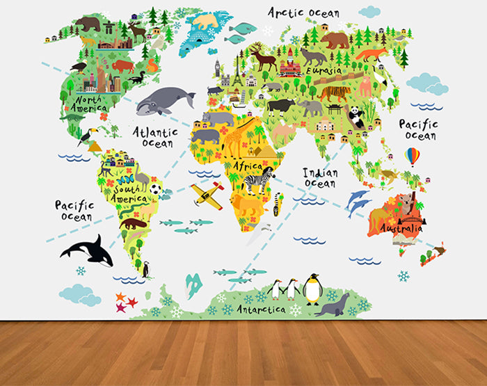 Colorful map wall decals for kids' room decor, featuring a world map design in vibrant colors, perfect for educational and decorative purposes.