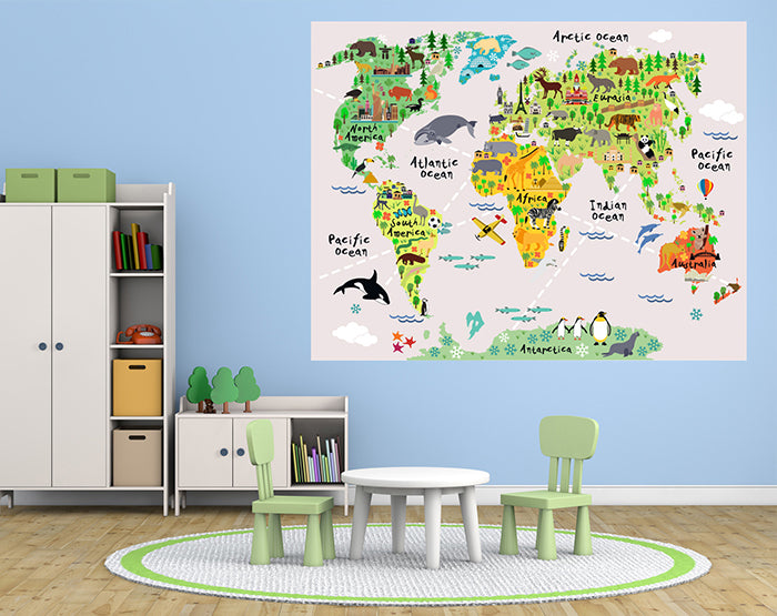 Colorful map wall decals for kids' room decor, featuring a world map design in vibrant colors, perfect for educational and decorative purposes.