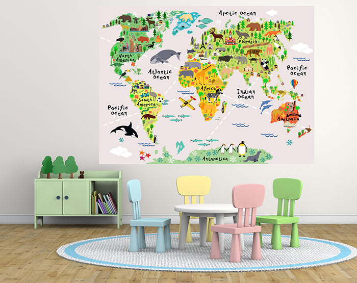 Colorful map wall decals for kids' room decor, featuring a world map design in vibrant colors, perfect for educational and decorative purposes.