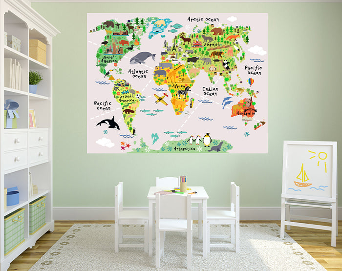 Colorful map wall decals for kids' room decor, featuring a world map design in vibrant colors, perfect for educational and decorative purposes.