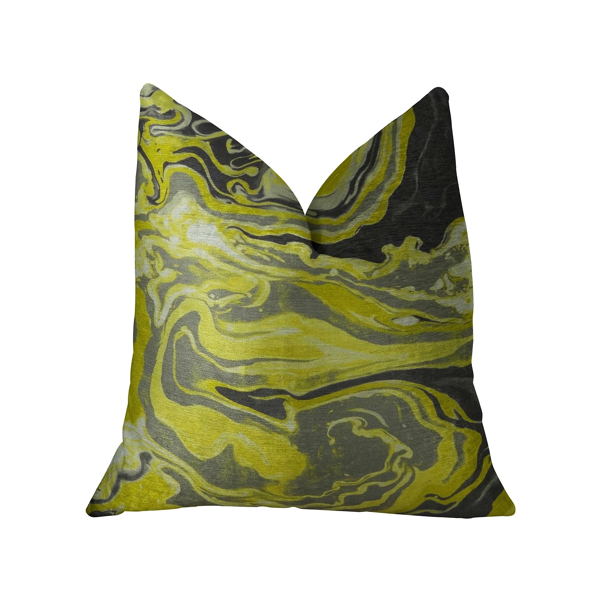 Handmade luxury pillow featuring marble onyx design in yellow, gray, and black, showcasing double-sided pattern and invisible zipper.