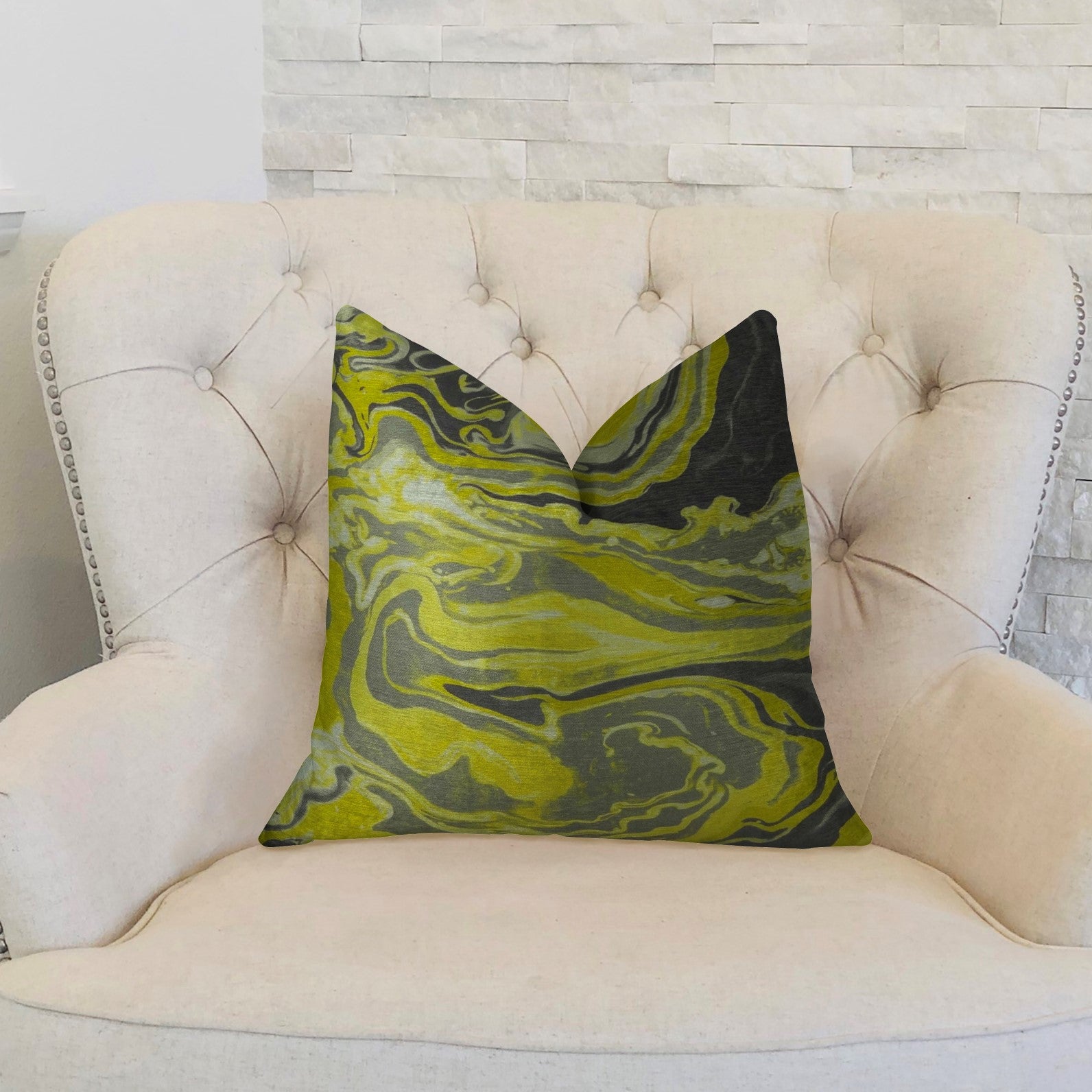 Handmade luxury pillow featuring marble onyx design in yellow, gray, and black, showcasing double-sided pattern and invisible zipper.