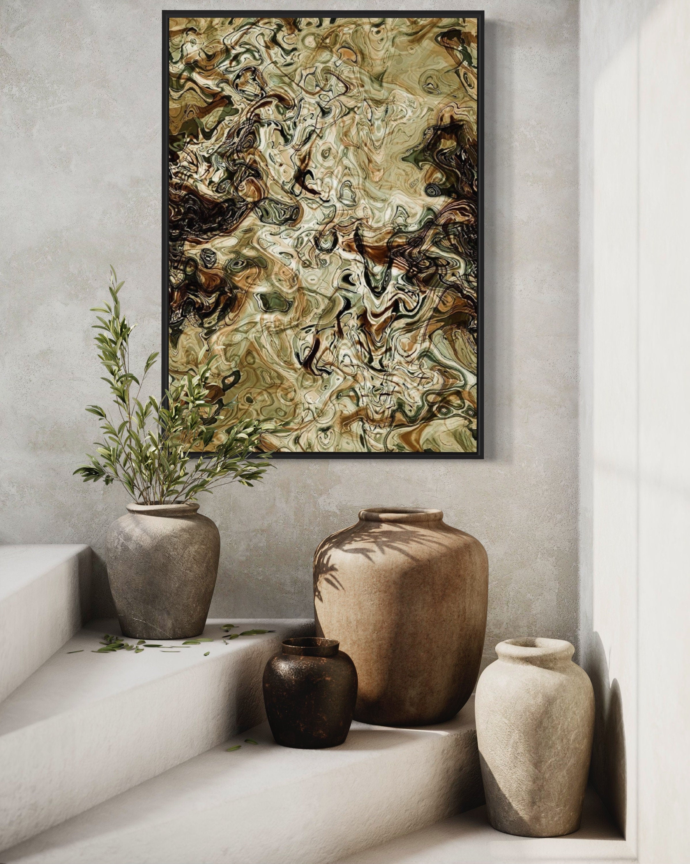 A stunning marble pattern print featuring intricate designs in rich blacks, browns, and greys, perfect for home decor.