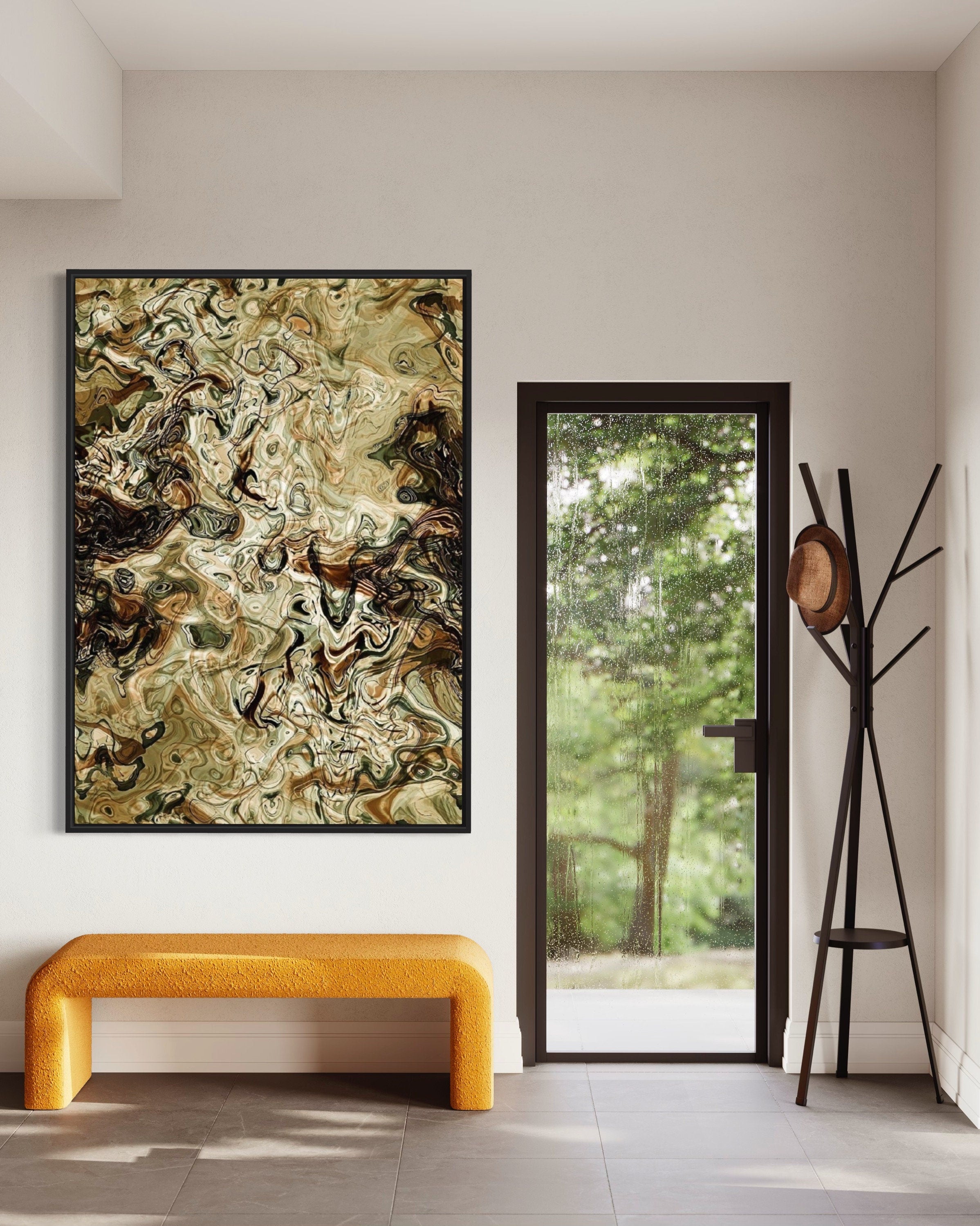 A stunning marble pattern print featuring intricate designs in rich blacks, browns, and greys, perfect for home decor.