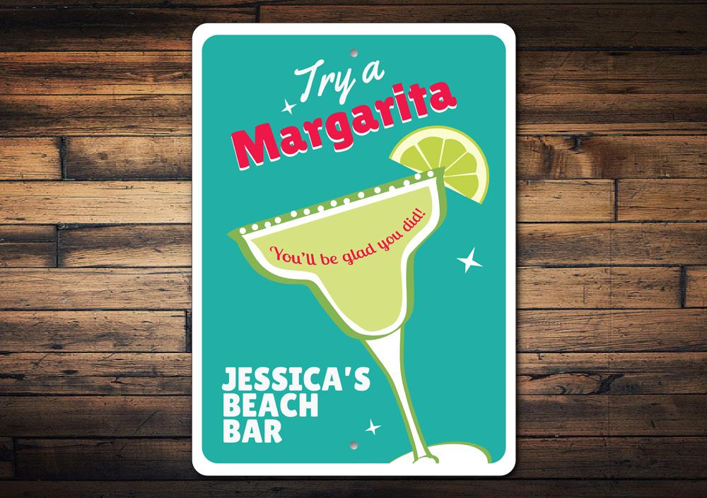 A vibrant Margarita Sign made of high-quality aluminum, featuring customizable text and pre-drilled holes for easy mounting.