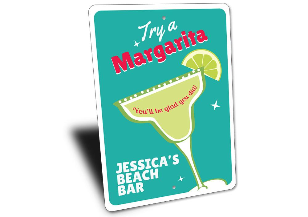 A vibrant Margarita Sign made of high-quality aluminum, featuring customizable text and pre-drilled holes for easy mounting.