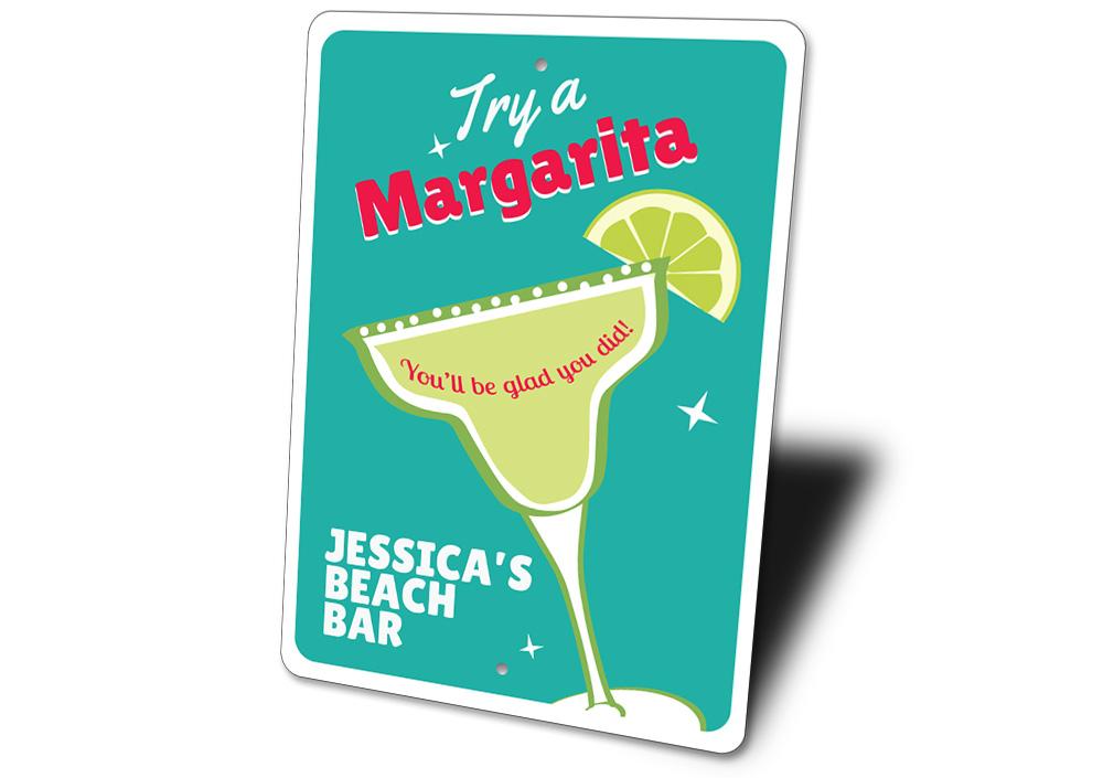 A vibrant Margarita Sign made of high-quality aluminum, featuring customizable text and pre-drilled holes for easy mounting.