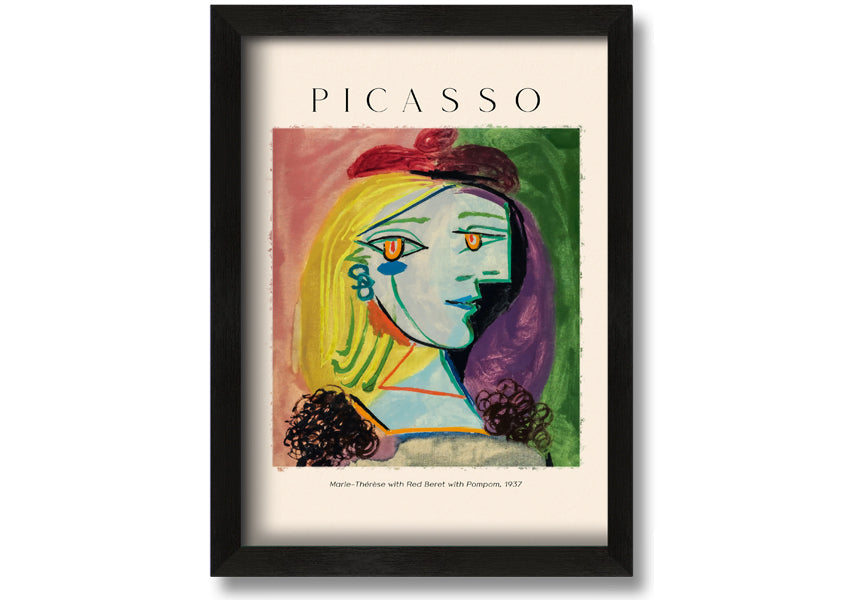 A vibrant canvas print of Picasso's Marie-Thérèse with a red beret and pompom, mounted on a box frame.